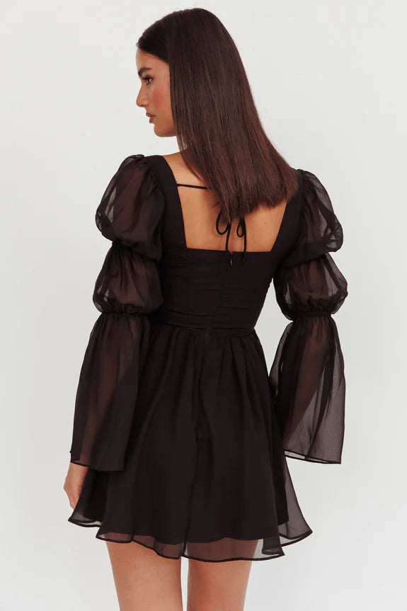 Casual Square Neck Long Sleeve Sheer Black Mini Homecoming Dress