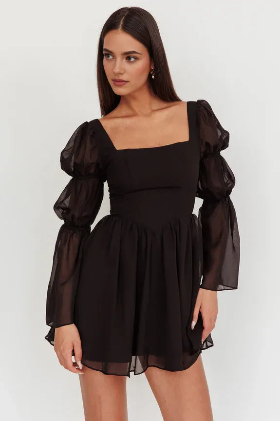 Casual Square Neck Long Sleeve Sheer Black Mini Homecoming Dress