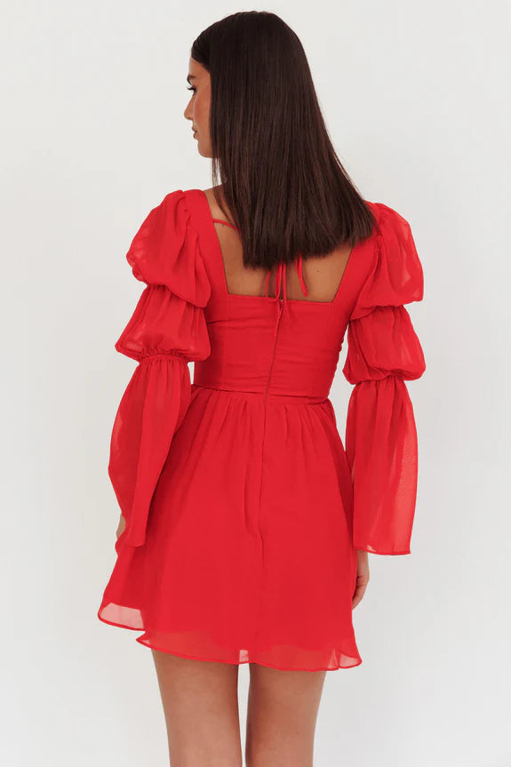 Casual Square Neck Long Sleeve Sheer Red Mini Homecoming Dress