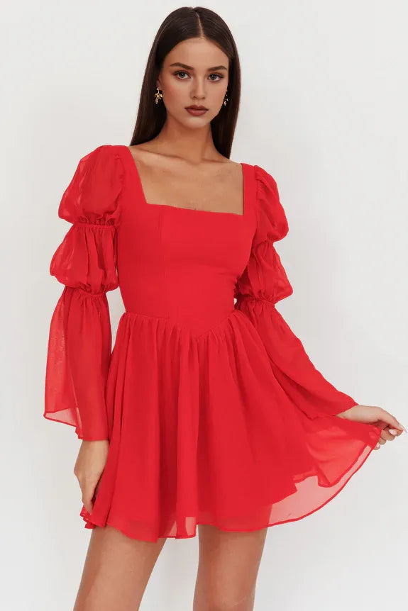 Casual Square Neck Long Sleeve Sheer Red Mini Homecoming Dress