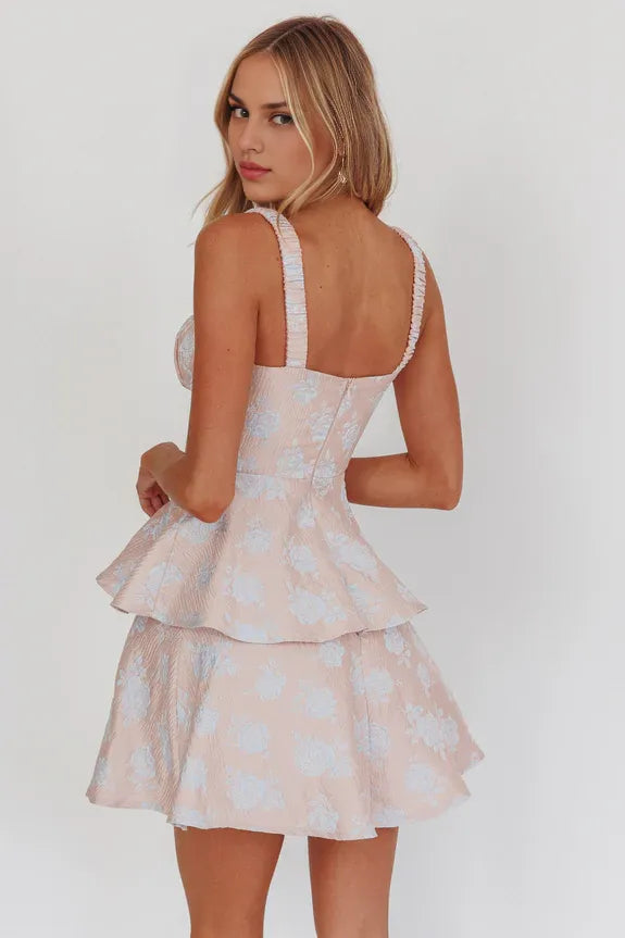 Casual Square Neck Tiered Peplum Printing Pink Mini Homecoming Dress