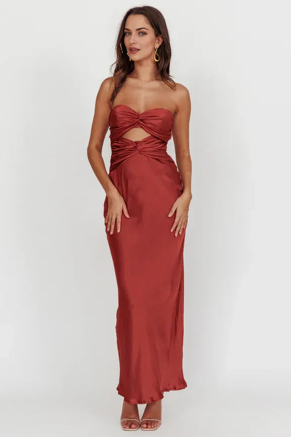 Casual Strapless Double Twist Satin Terracotta Maxi Evening Dress Prom Dress