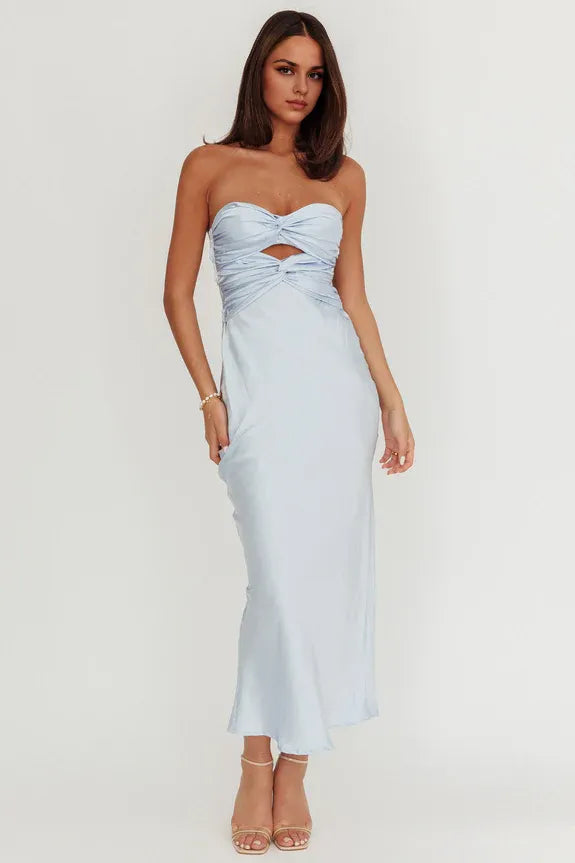 Casual Strapless Double Twist Steel Blue Maxi Homecoming Dress Prom Dress