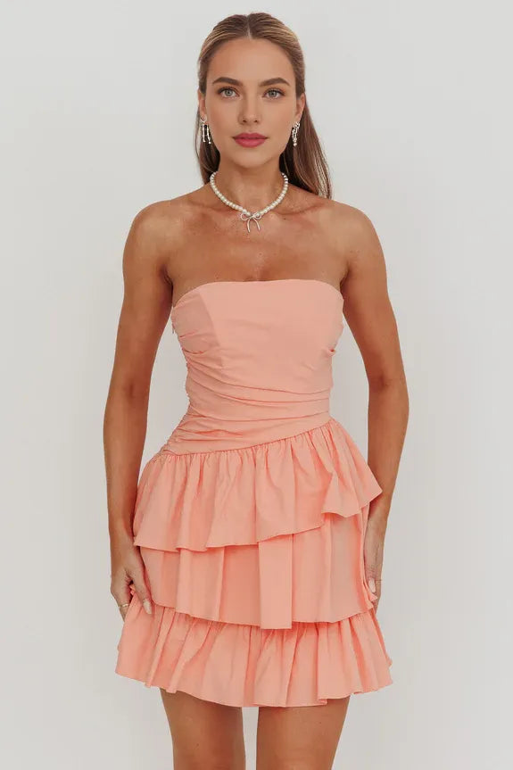 Casual Strapless Layered Frill Blush Mini Homecoming Dress For Ladies
