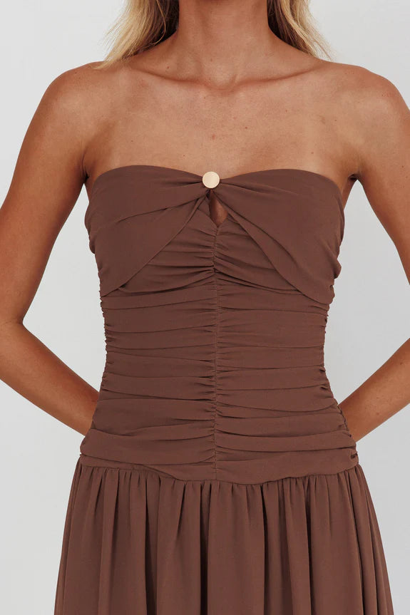 Casual Strapless Pleated Keyhole Hollow Mocha Maxi Homecoming Dress Prom Dress