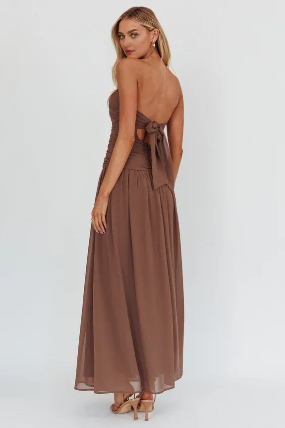 Casual Strapless Pleated Keyhole Hollow Mocha Maxi Homecoming Dress Prom Dress