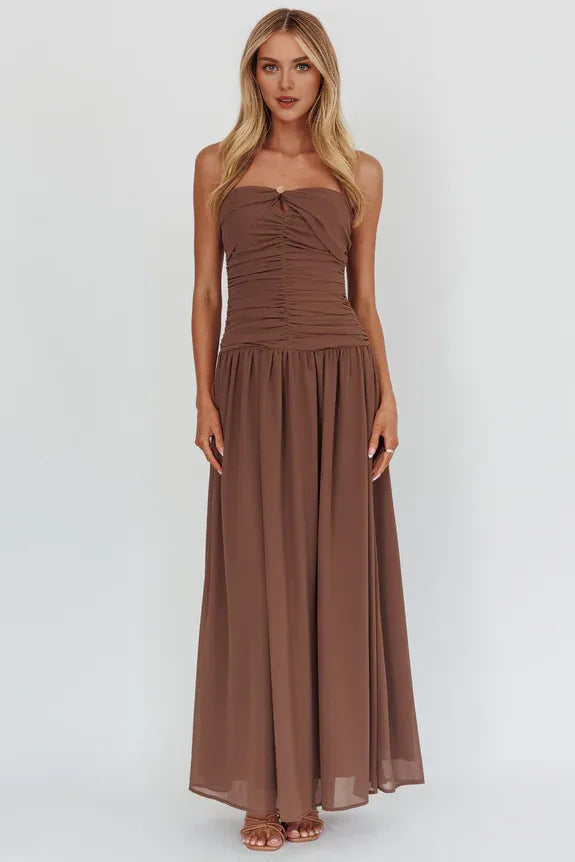 Casual Strapless Pleated Keyhole Hollow Mocha Maxi Homecoming Dress Prom Dress