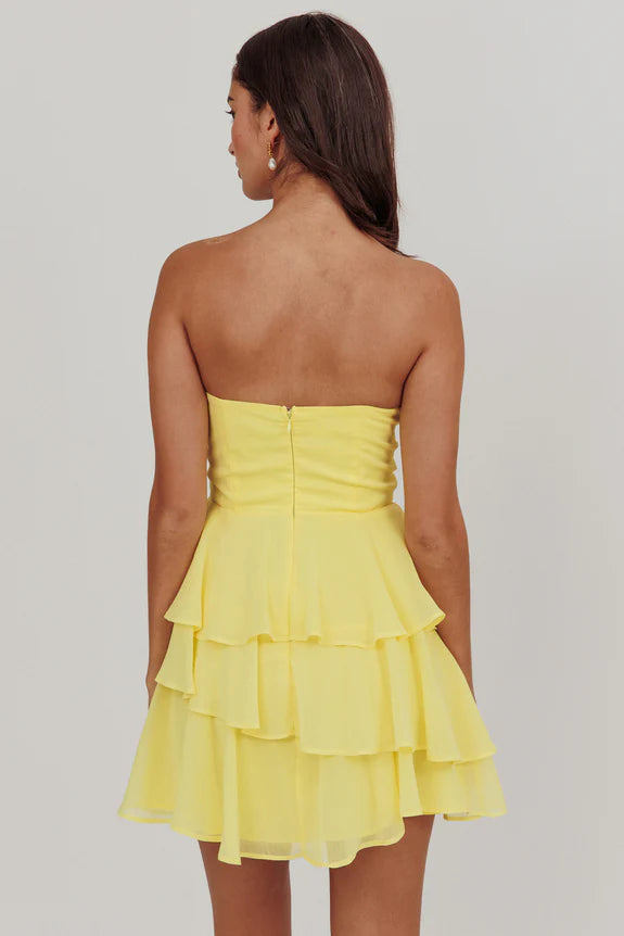 Casual Strapless Pleated Ruffle Layered Lemon Mini Homecoming Dress