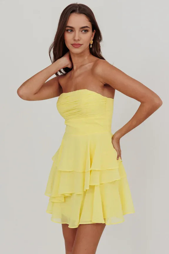 Casual Strapless Pleated Ruffle Layered Lemon Mini Homecoming Dress