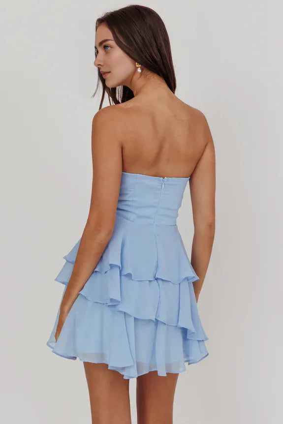 Casual Strapless Pleated Ruffle Tiered Blue Mini Homecoming Dress