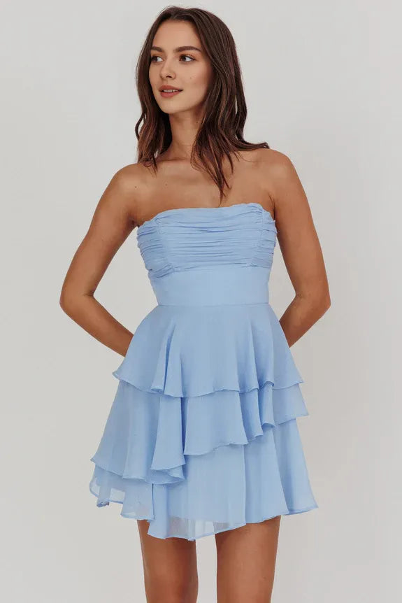 Casual Strapless Pleated Ruffle Tiered Blue Mini Homecoming Dress