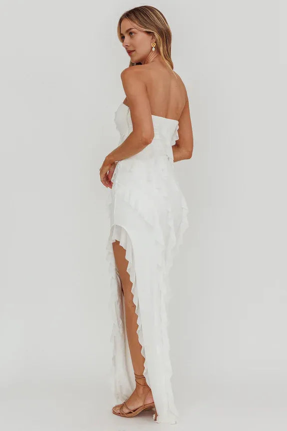 Casual Strapless Ruffle Off White Maxi Homecoming Dress Prom Dress With Slit
