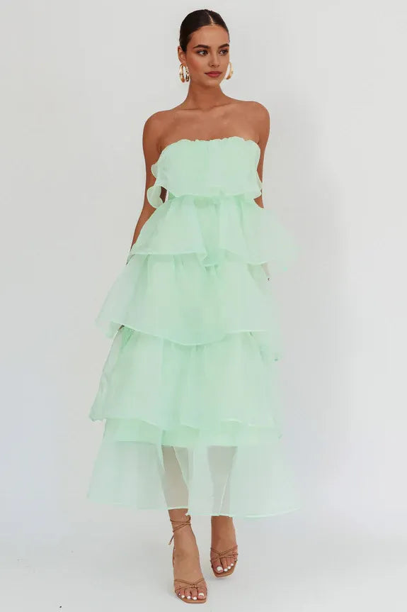 Casual Strapless Ruffle Tiered Open Back Mint Midi Homecoming Dress Prom Dress