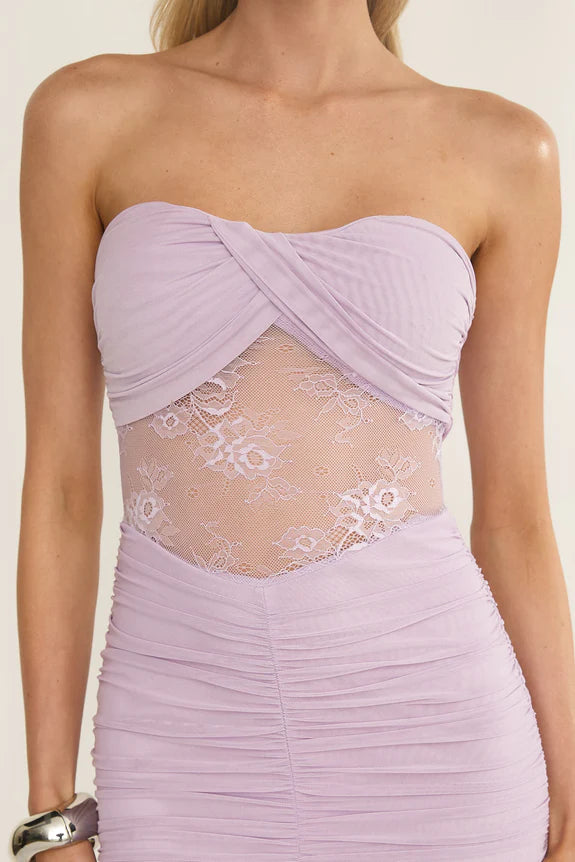 Casual Strapless Sheer Panel Ruched Lilac Maxi Homecoming Dress Prom Dress
