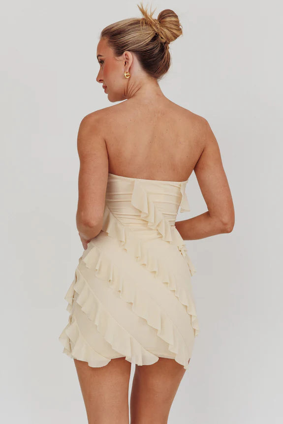 Casual Strapless Sleeveless Bodycon Ruffle Beige Mini Homecoming Dress