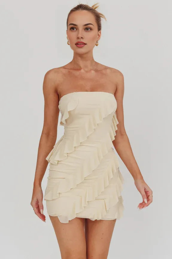 Casual Strapless Sleeveless Bodycon Ruffle Beige Mini Homecoming Dress