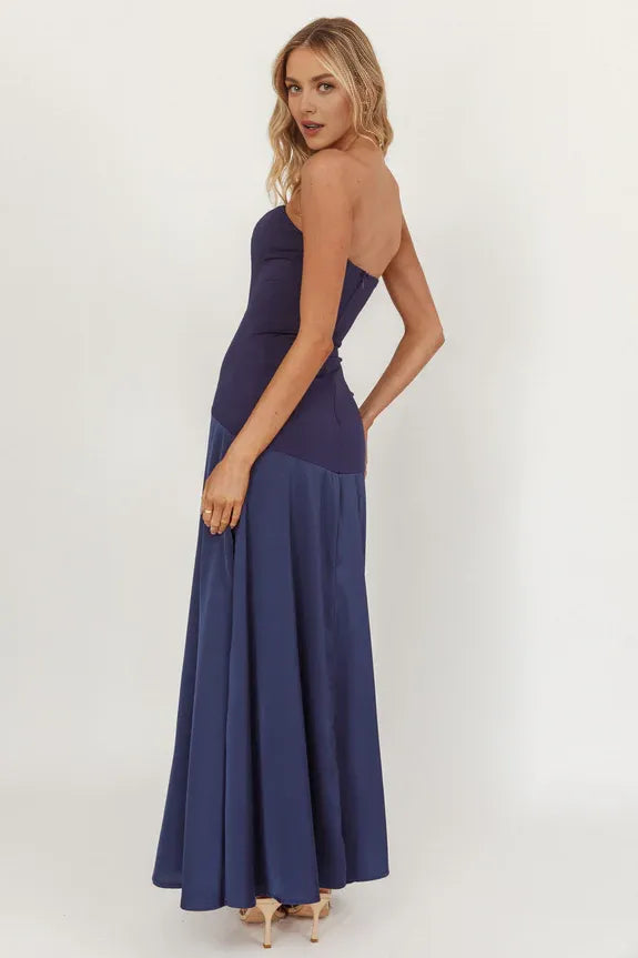 Casual Strapless Sleeveless Drop Waist Navy Maxi Homecoming Dress Prom Dress