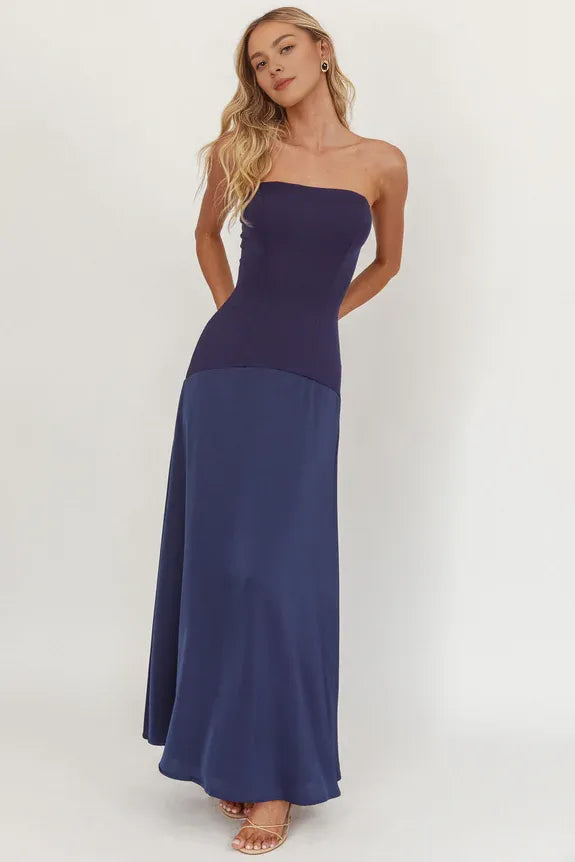 Casual Strapless Sleeveless Drop Waist Navy Maxi Homecoming Dress Prom Dress