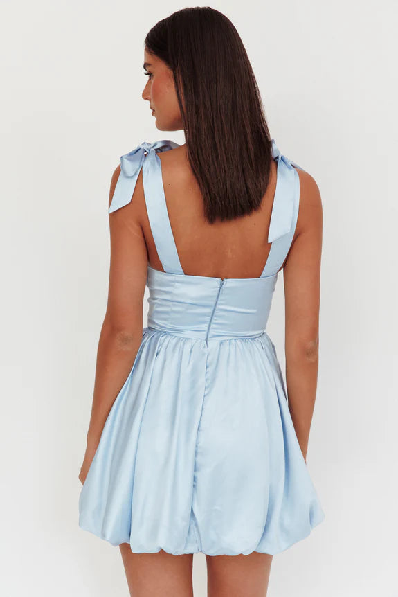 Casual Tie Shoulder Baby Blue Mini Homecoming Dress With Bubble Hem