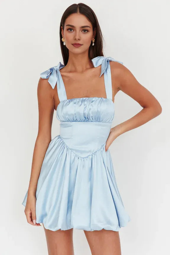 Casual Tie Shoulder Baby Blue Mini Homecoming Dress With Bubble Hem