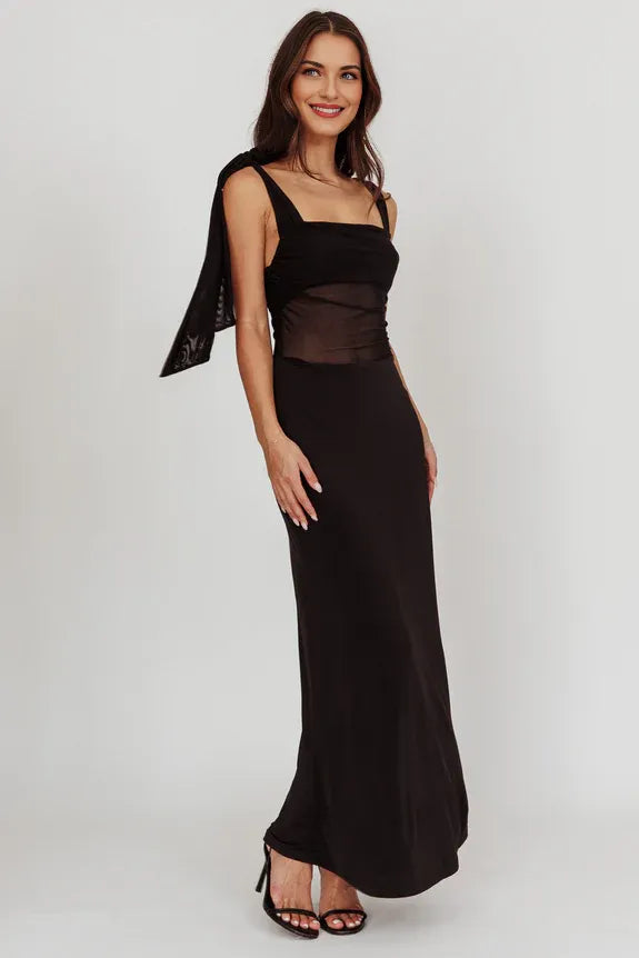 Casual Tie Shoulder Mesh Waist Black Maxi Evening Dress For Women