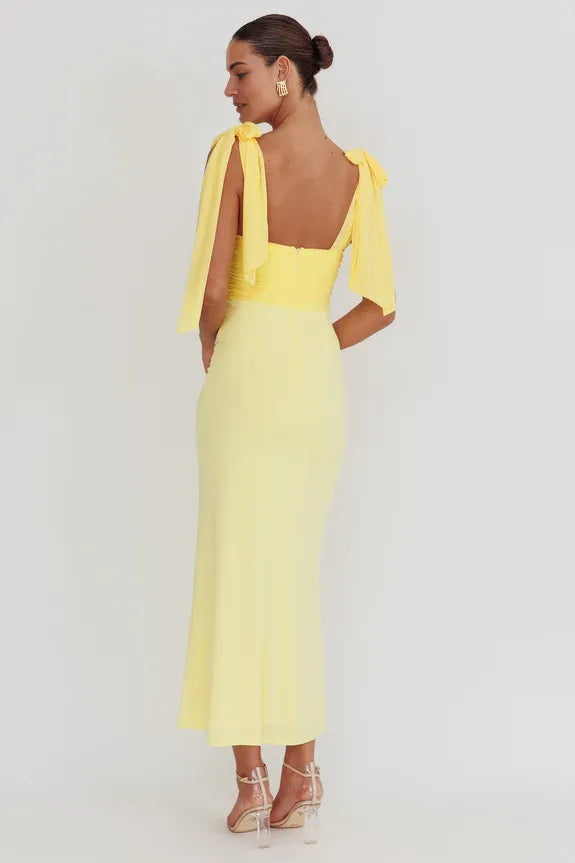 Casual Tie Shoulder Mesh Waist  Lemon Maxi Evening Dress For Women