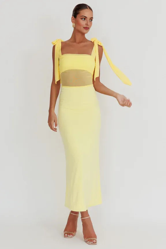 Casual Tie Shoulder Mesh Waist  Lemon Maxi Evening Dress For Women
