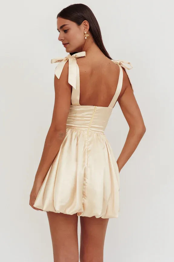 Casual Tie Shoulder Pleated Butter Mini Homecoming Dress With Bubble Hem