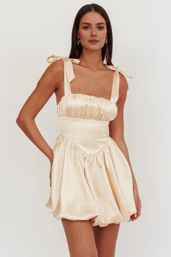 Casual Tie Shoulder Pleated Butter Mini Homecoming Dress With Bubble Hem