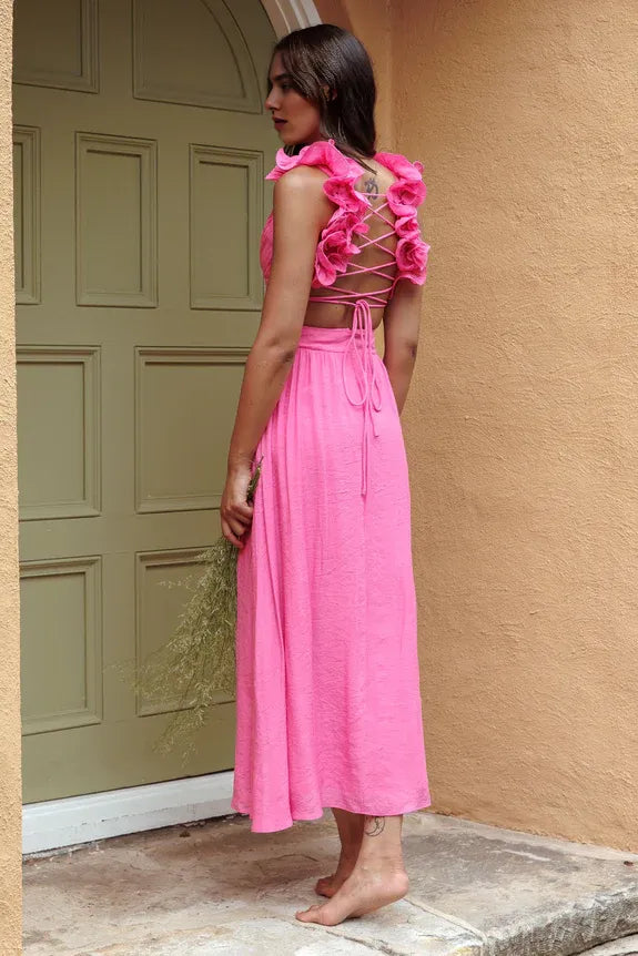Casual V Neck Ruffle Cutout Lace-up Back Hot Pink Evening Dress For Women