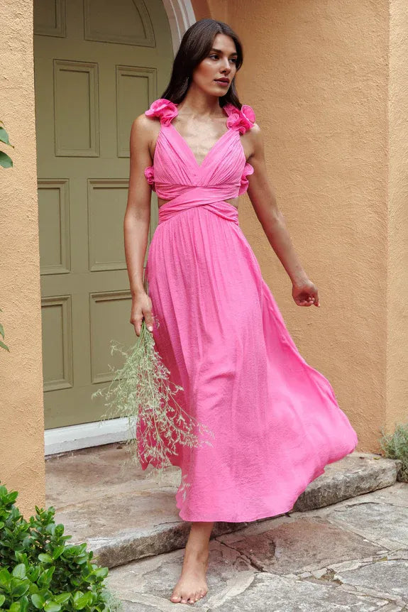 Casual V Neck Ruffle Cutout Lace-up Back Hot Pink Evening Dress For Women