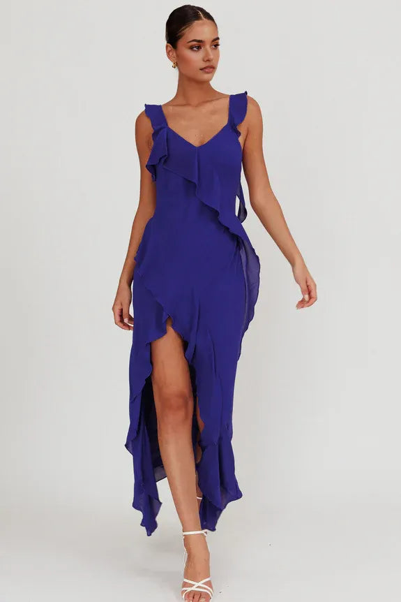 Casual V Neck Ruffle Royal Blue Maxi Evening Dress With Slit For Women