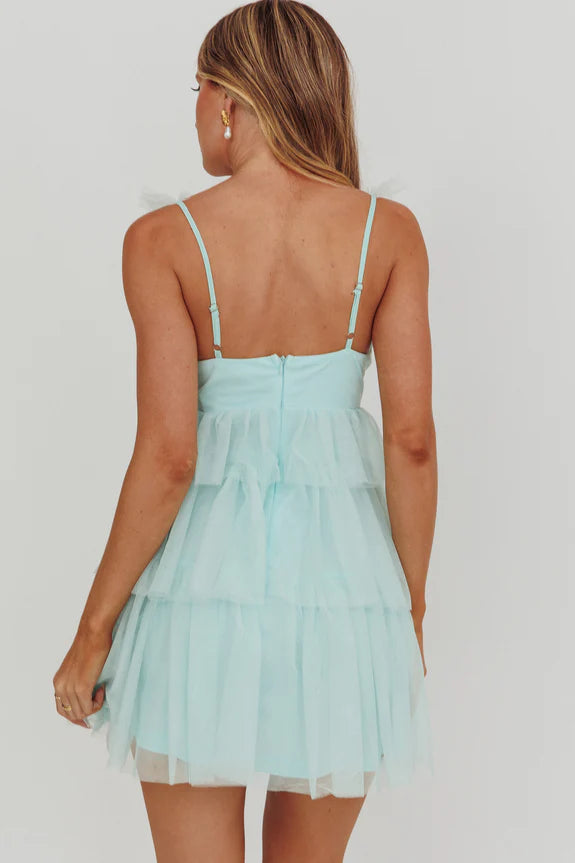 Casual V Neck Ruffle Tiered Tulle Mint Mini Homecoming Dress With Adjustable Straps