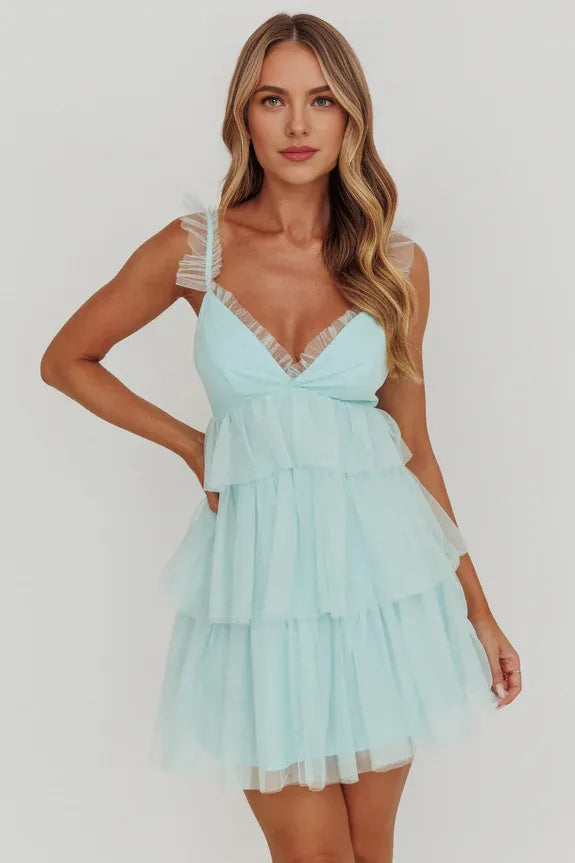 Casual V Neck Ruffle Tiered Tulle Mint Mini Homecoming Dress With Adjustable Straps