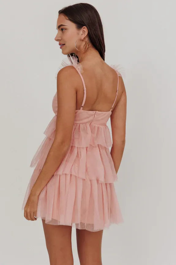 Casual V Neck Ruffle Tiered Tulle Pink Mini Homecoming Dress With Adjustable Straps