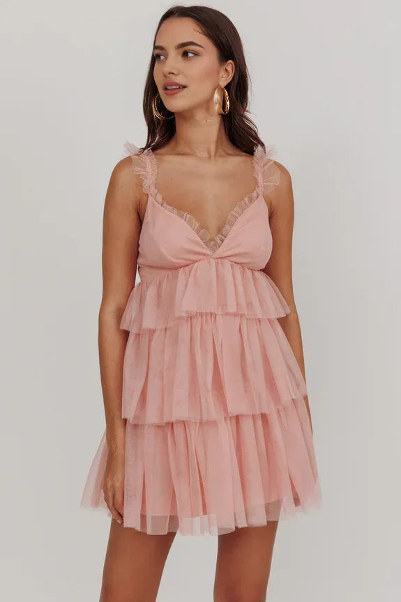 Casual V Neck Ruffle Tiered Tulle Pink Mini Homecoming Dress With Adjustable Straps