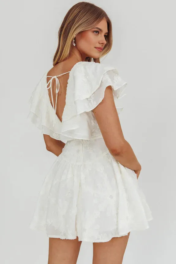 Casual V Neck Sleeveless Ruffle White Mini Homecoming Dress With Applique