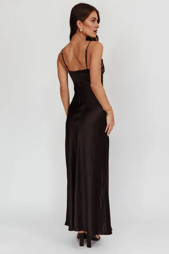 Casual V Neck Spaghetti Straps Bow Bust Satin Black Maxi Evening Dress