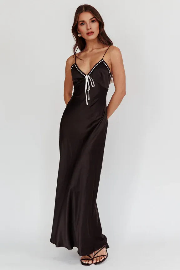 Casual V Neck Spaghetti Straps Bow Bust Satin Black Maxi Evening Dress