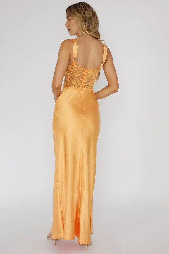 Casual V Neck Thick Straps Lace Insert Satin Mango Maxi Evening Dress