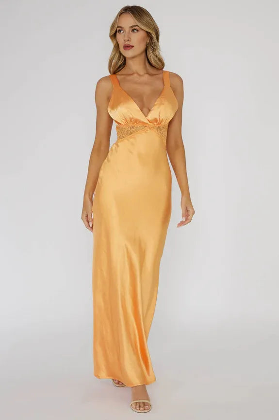 Casual V Neck Thick Straps Lace Insert Satin Mango Maxi Evening Dress