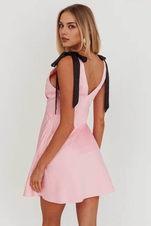Casual V Neck Tie Shoulders Satin Pink Mini Homecoming Dress