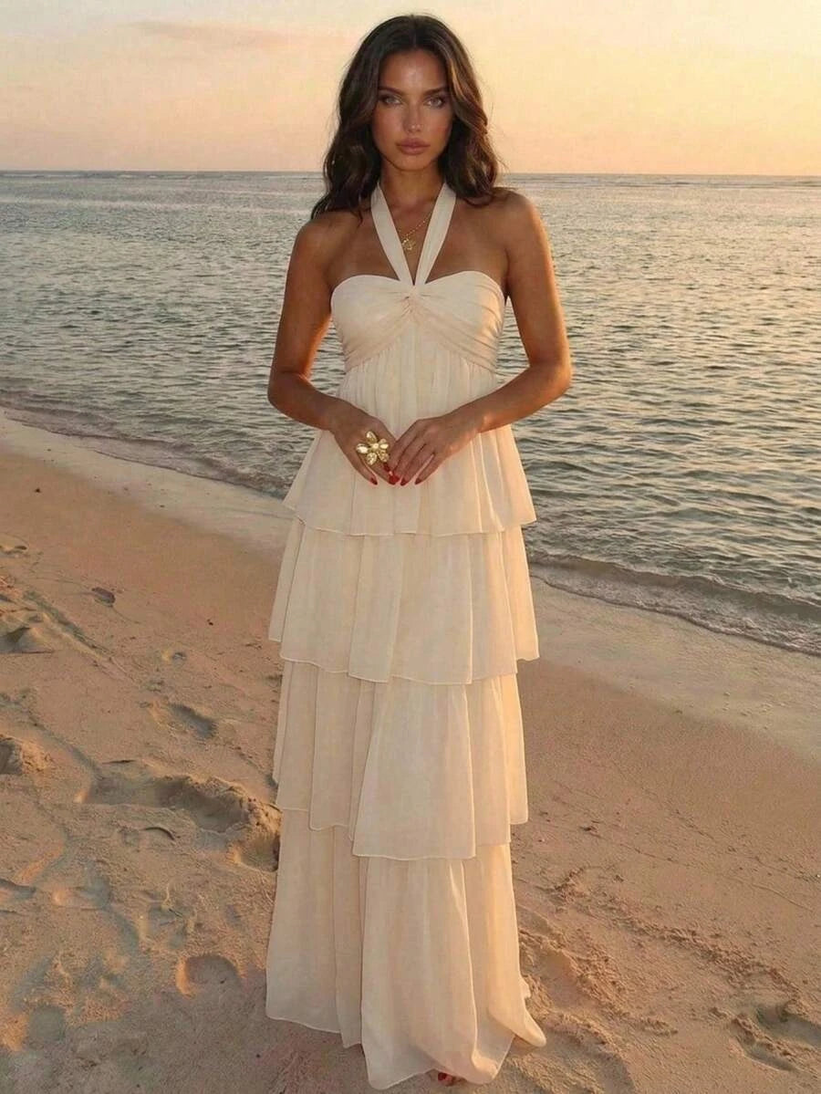 Casual A-Line Halter Neck Tiered Ruffle Cream Floor-Length Prom Dress Hot Sale