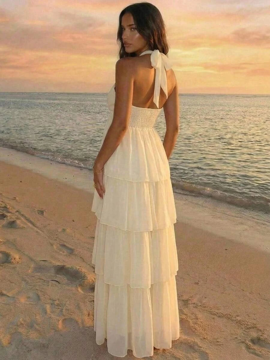 Casual A-Line Halter Neck Tiered Ruffle Cream Floor-Length Prom Dress Hot Sale