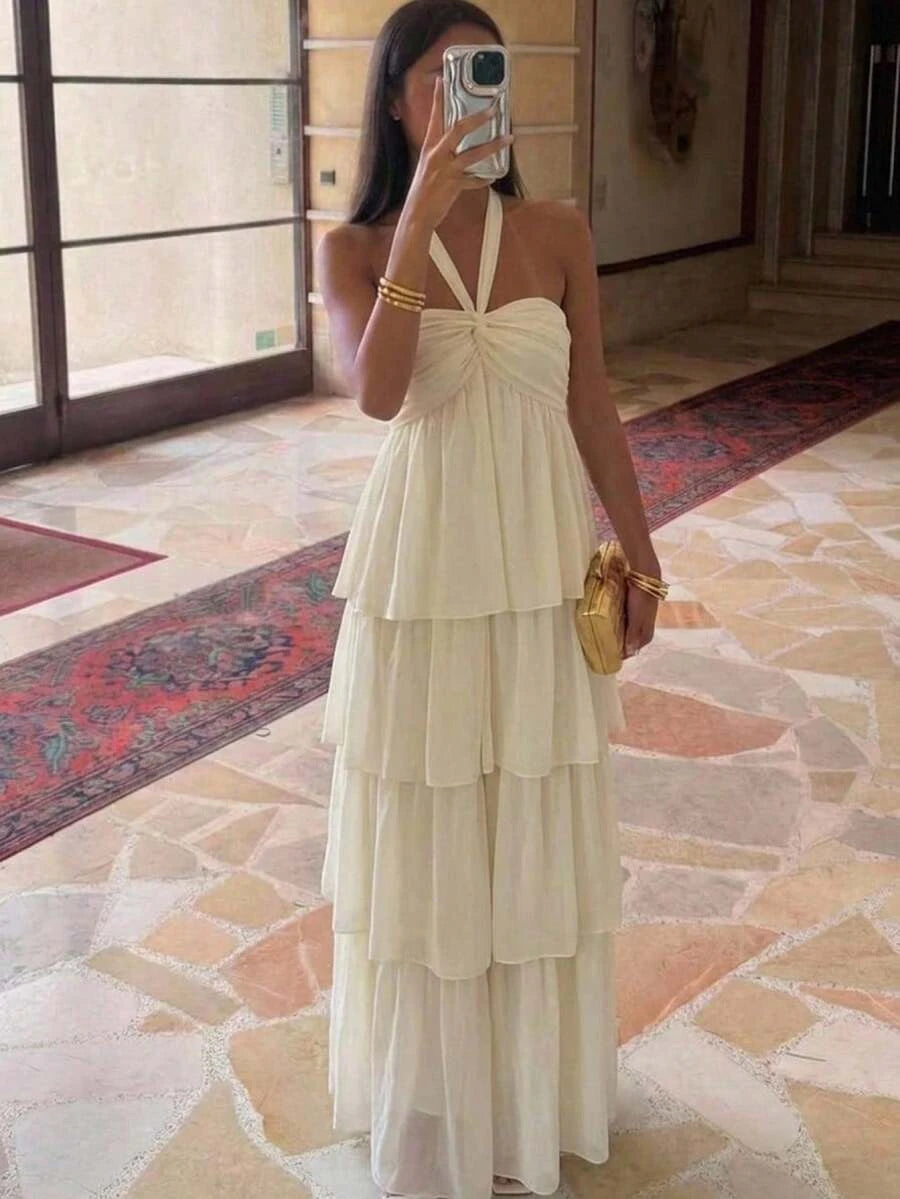 Casual A-Line Halter Neck Tiered Ruffle Cream Floor-Length Prom Dress Hot Sale