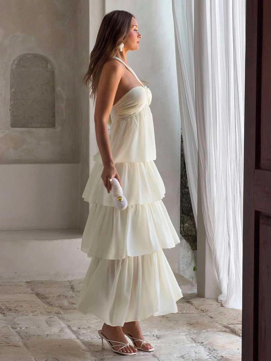 Casual A-Line Halter Neck Tiered Ruffle Cream Floor-Length Prom Dress Hot Sale