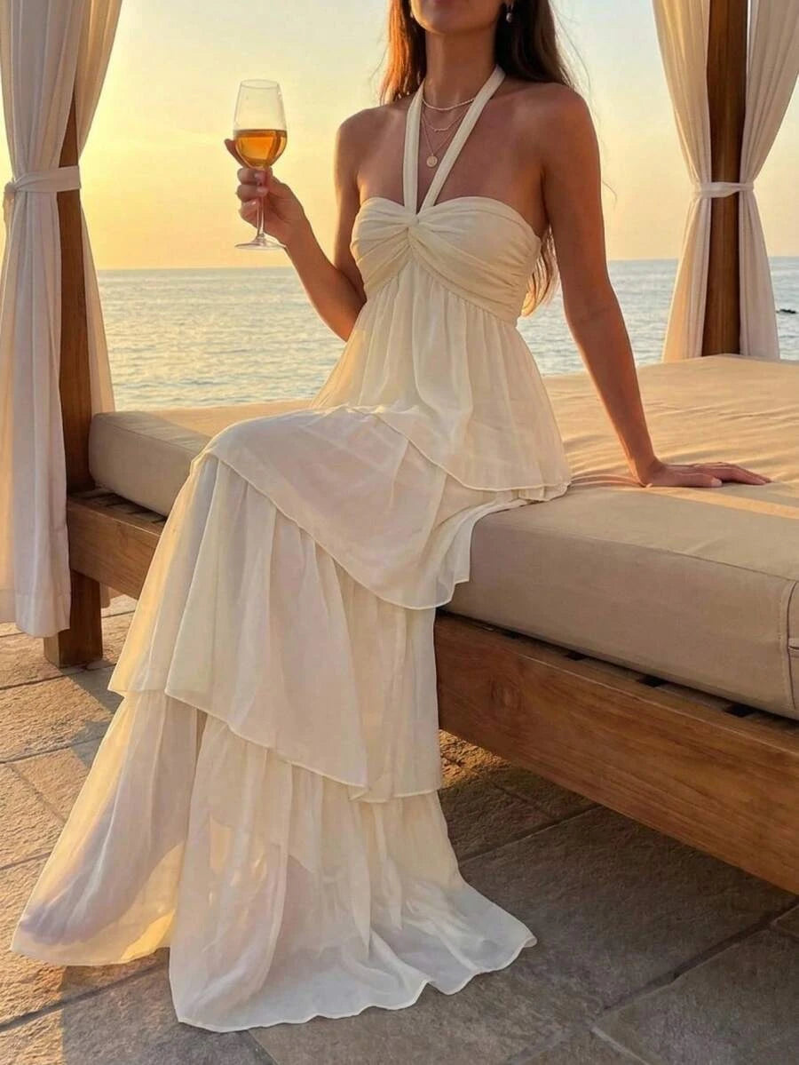 Casual A-Line Halter Neck Tiered Ruffle Cream Floor-Length Prom Dress Hot Sale