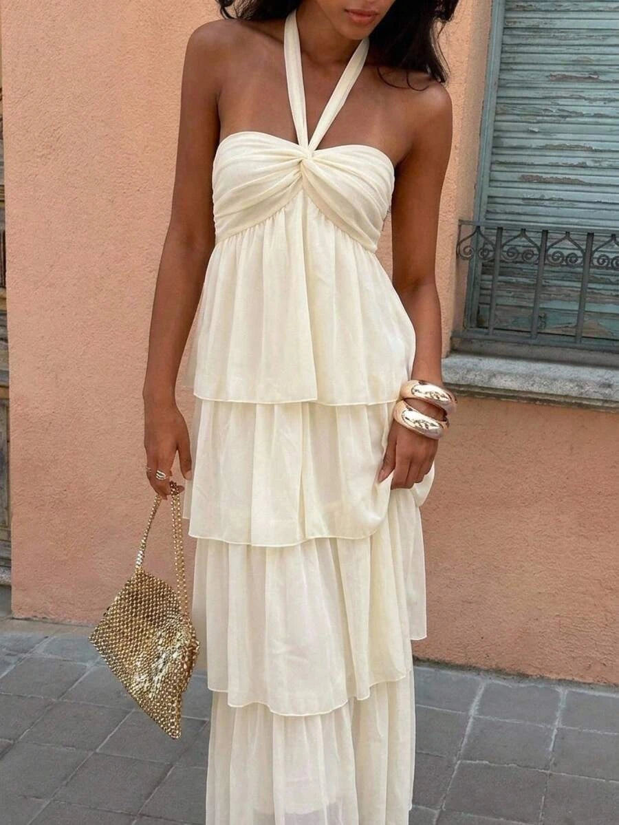 Casual A-Line Halter Neck Tiered Ruffle Cream Floor-Length Prom Dress Hot Sale