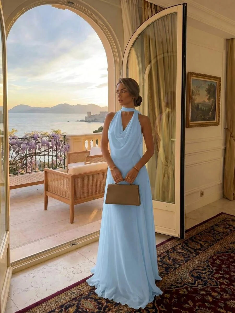 Casual Elegant A-Line Halter Cowl Neck Draped Light Blue Floor-Length Prom Dress