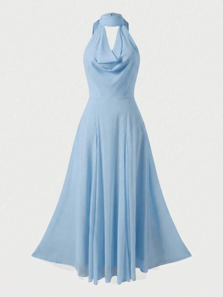 Casual Elegant A-Line Halter Cowl Neck Draped Light Blue Floor-Length Prom Dress